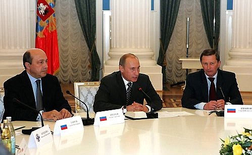 Meeting with the foreign and defence ministers and the secretaries of the Security Councils of the Collective Security Treaty Organisation member countries.Next to the President are Russian Security Council Secretary Igor Ivanov (left ) and Russian Deputy Prime Minister — Defense Minister Sergei Ivanov.