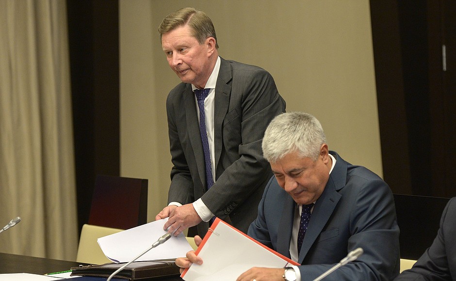 Chief of Staff of the Presidential Executive Office Sergei Ivanov (left) and Interior Minister Vladimir Kolokoltsev before the meeting with permanent members of the Security Council.