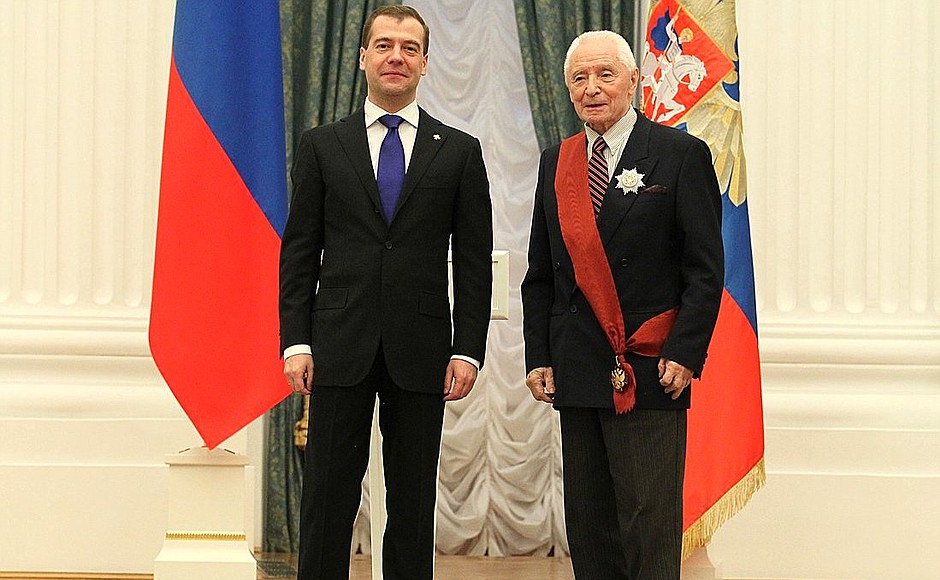 Dmitry Medvedev presents the Order for Services to the Fatherland, I degree, to Yury Grigorovich, chief choreographer of the National Academic Bolshoi Theatre of Russia.