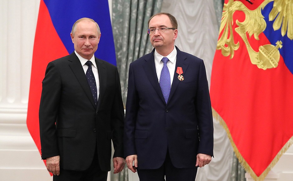 Ceremony for presenting state decorations. The Order of Alexander Nevsky was awarded to President of St Petersburg State University Nikolai Kropachev.