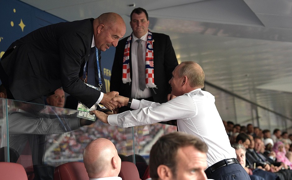 Vladimir Putin attended the final match of the 2018 FIFA World Cup. With head coach of the Russian national football team Stanislav Cherchesov.