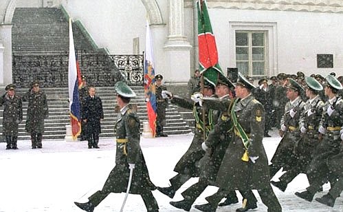 A march past at a banner presentation ceremony to services and arms of the Russian Armed Forces.
