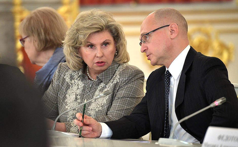 Human Rights Commissioner Tatyana Moskalkova and First Deputy Chief of Staff of the Presidential Executive Office Sergei Kiriyenko at a meeting of the Council for Civil Society and Human Rights.