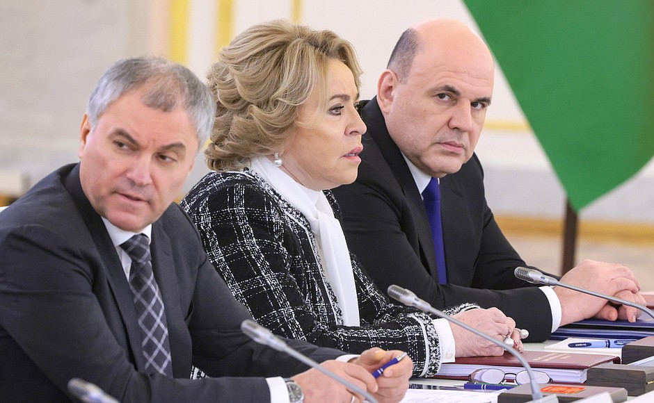 State Duma Speaker Vyacheslav Volodin, Federation Council Speaker Valentina Matviyenko and Prime Minister of the Russian Federation Mikhail Mishustin before the meeting of the Supreme State Council of the Union State.