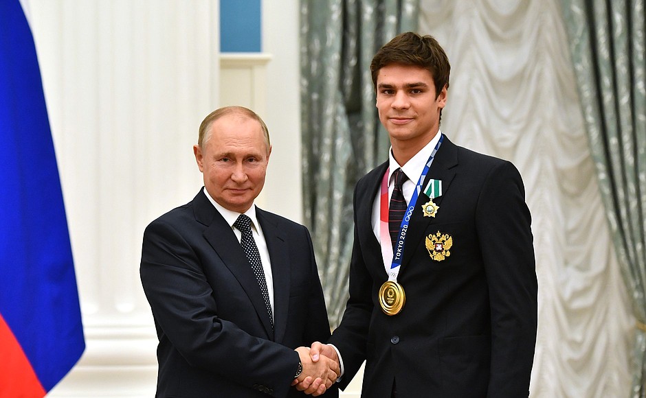 Ceremony for presenting state decorations to winners of the 2020 Summer Olympics in Tokyo. The Order of Friendship is awarded to two-time champion of the 2020 Olympics in 100m and 200m backstroke and silver medallist in the men’s 4 x 200m freestyle relay event Yevgeny Rylov.