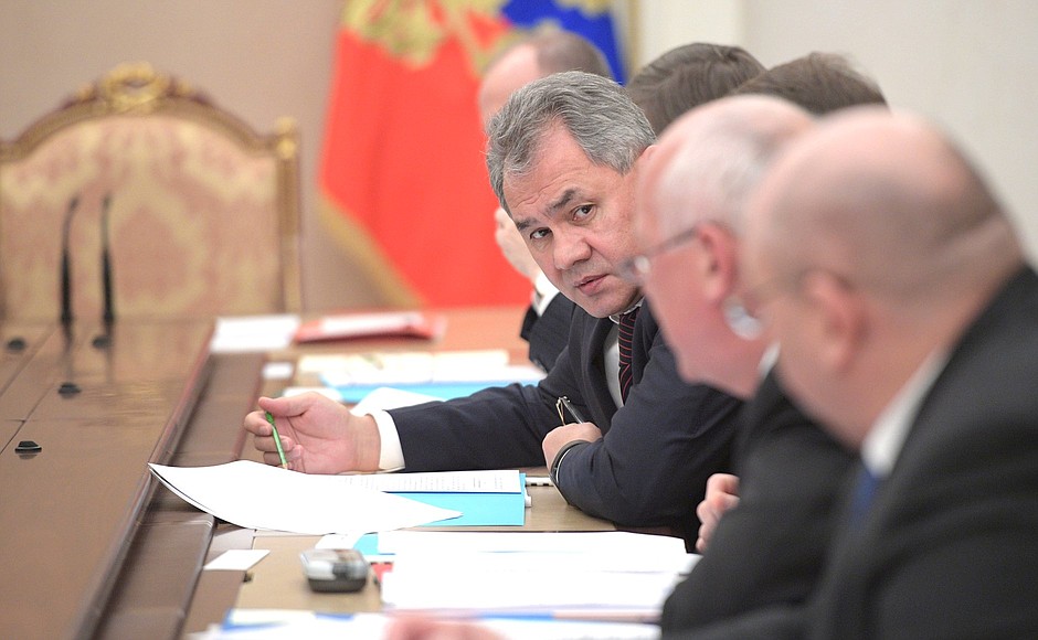 Defence Minister Sergei Shoigu before the meeting of the Commission for Military Technical Cooperation with Foreign Countries.