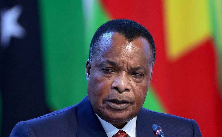 President of the Republic of the Congo Denis Sassou Nguesso at the plenary session of the Russia–Africa Summit.