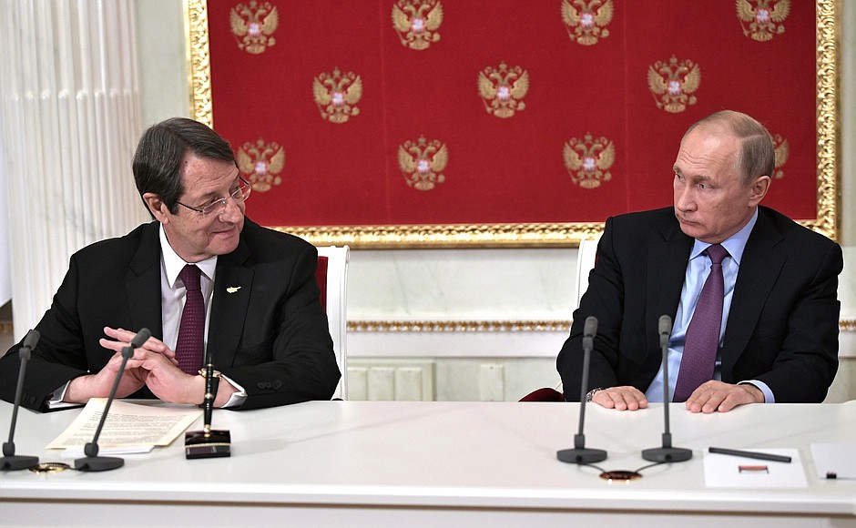 Заявления для прессы по итогам российско-кипрских переговоров. С Президентом Республики Кипр Никосом Анастасиадисом.