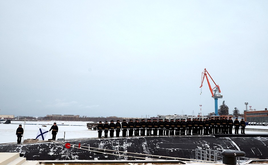 Ceremony for raising naval flag on nuclear-powered submarine Krasnoyarsk.