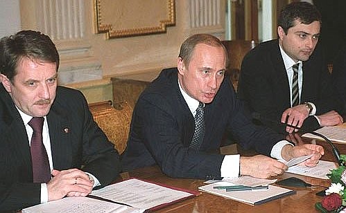 President Putin with Agriculture Minister Alexei Gordeyev and Chief of Staff of the Presidential Executive Office Vladislav Surkov (right) meeting with participants in the Russian Agrarian Movement.