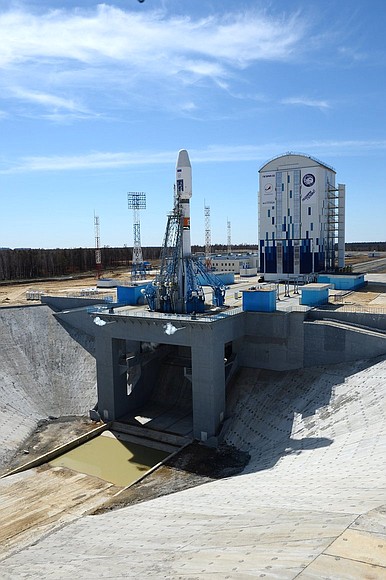 Soyuz-2.1a launch vehicle carrying three Russian spacecraft Mikhail Lomonosov, Aist-2D, and SamSat-218 at the launch pad at Vostochny Space Launch Centre.