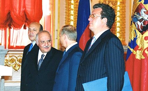 A ceremony for presenting credentials. Raouf Adley Saad, Ambassador of the Arab Republic of Egypt, presenting his credentials to President Putin.