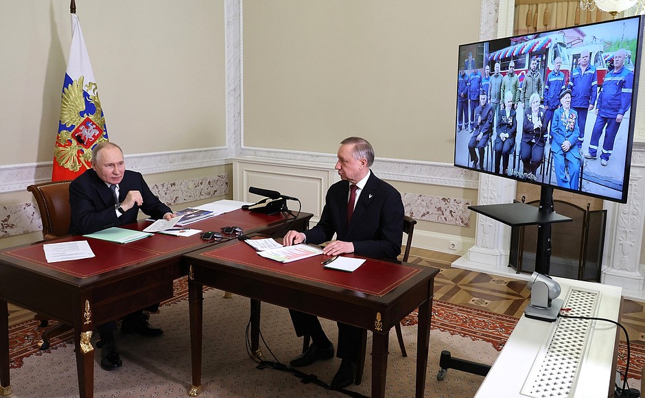 Ceremony to reopen tram service in Mariupol (via videoconference). With St Petersburg Governor Alexander Beglov.