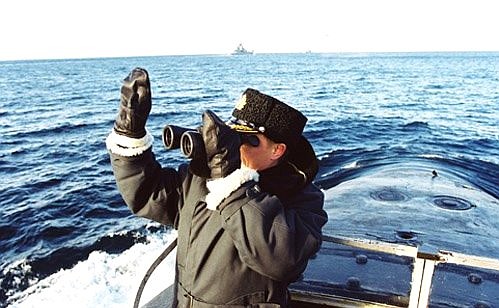 Watching a military exercise of the Northern Fleet from the nuclear missile submarine Karelia.