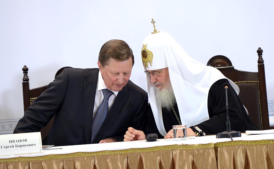 Chief of Staff of the Presidential Executive Office Sergei Ivanov and Patriarch of Moscow and All Russia Kirill at a gala event to mark the 70th anniversary of the founding of the Moscow Patriarchate’s Department for External Church Relations.