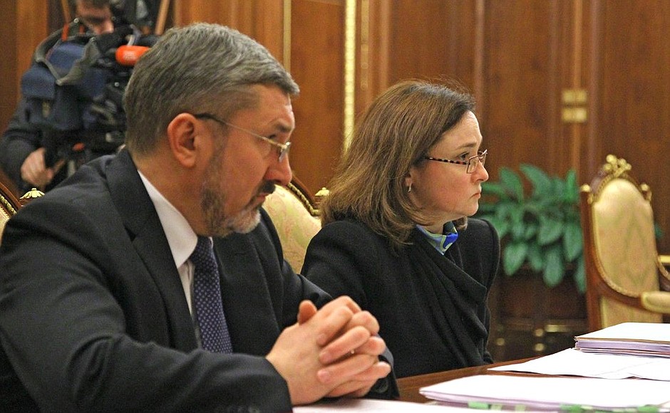 At a meeting on tariff setting and improving the quality of housing and utilities services. Presidential Aide Elvira Nabiullina and Director of the Federal Tariff Service Sergei Novikov.