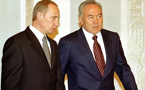 President Vladimir Putin with Kazakh President Nursultan Nazarbayev during the first meeting of the Eurasian Economic Community.