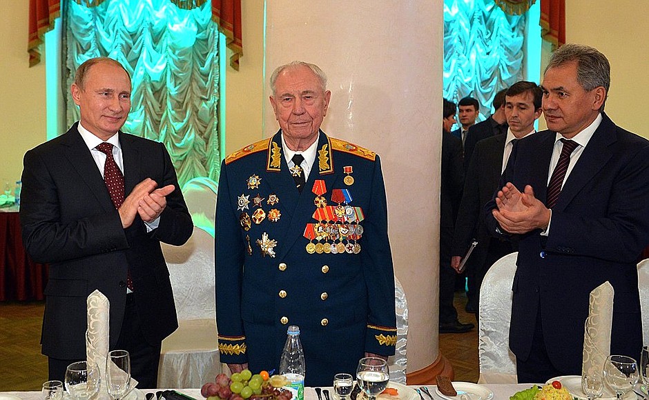 Vladimir Putin congratulated Marshall of the USSR Dmitry Yazov on his 90th birthday. With Defence Minister Sergei Shoigu (right).