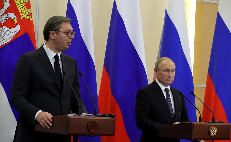 At the news conference following Russian-Serbian talks. With President of the Republic of Serbia Aleksandar Vucic.
