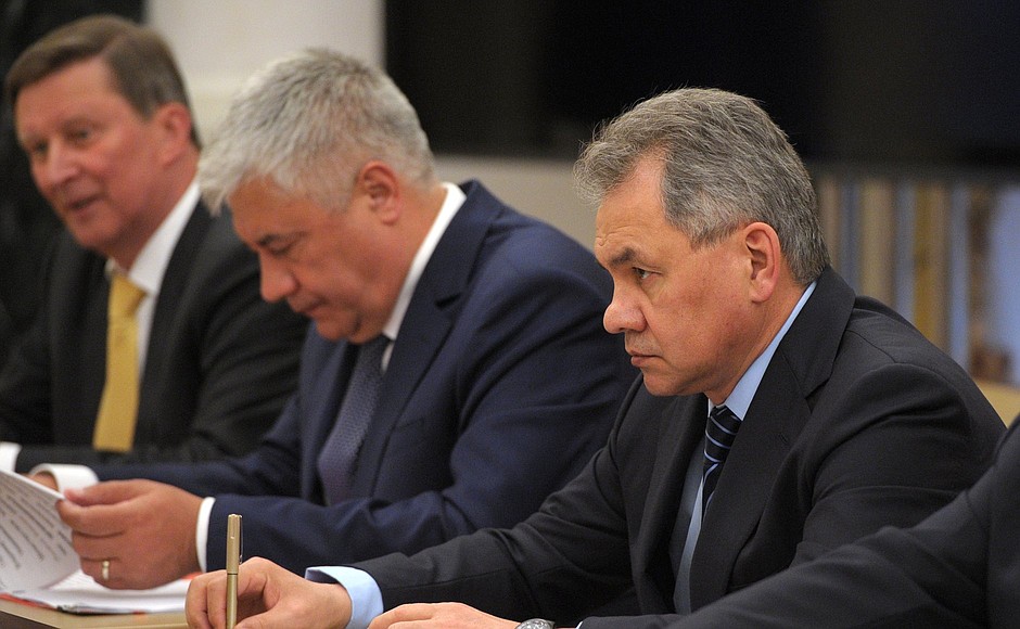 Chief of Staff of the Presidential Executive Office Sergei Ivanov, Interior Minister Vladimir Kolokoltsev and Defence Minister Sergei Shoigu at the meeting with permanent members of the Security Council.