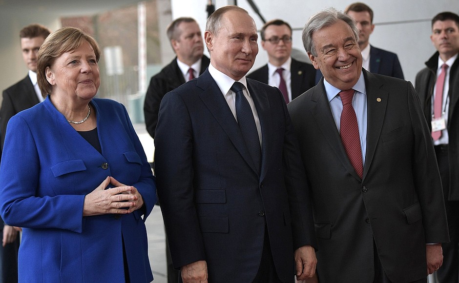 With Federal Chancellor of Germany Angela Merkel and the United Nations Secretary-General Antonio Guterres before the beginning of the International conference on Libya.