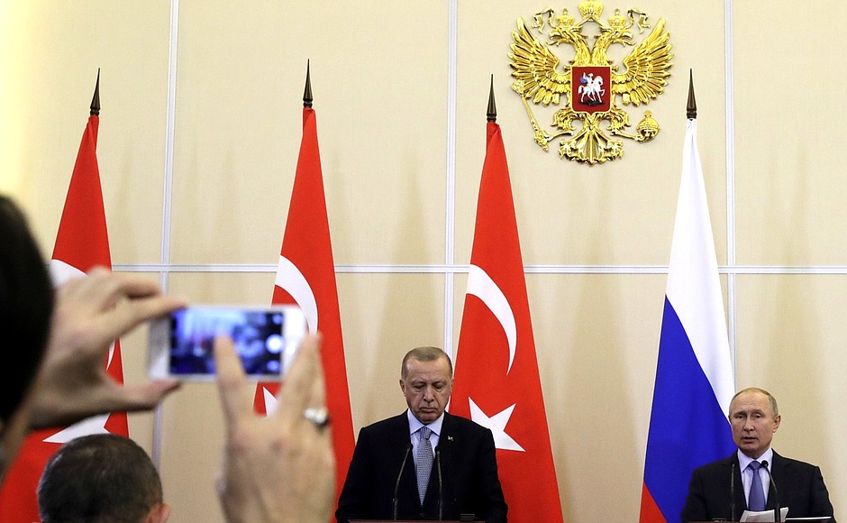 Press statement following Russian-Turkish talks. With President of Turkey Erdogan Recep Tayyip.