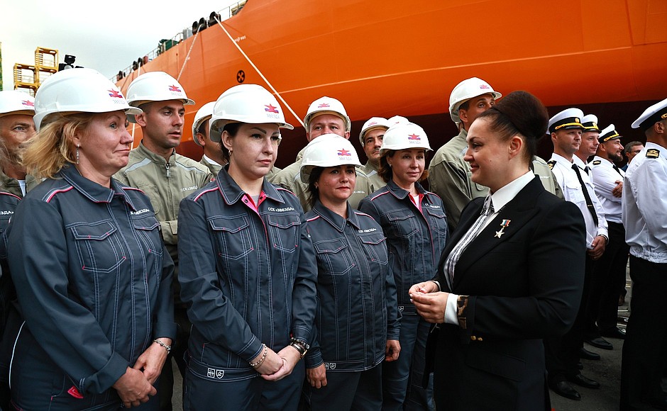 Before name-giving ceremony for Alexei Kosygin Arctic gas tanker (left) and Valentin Pikul shuttle tanker at Zvezda shipbuilding complex.