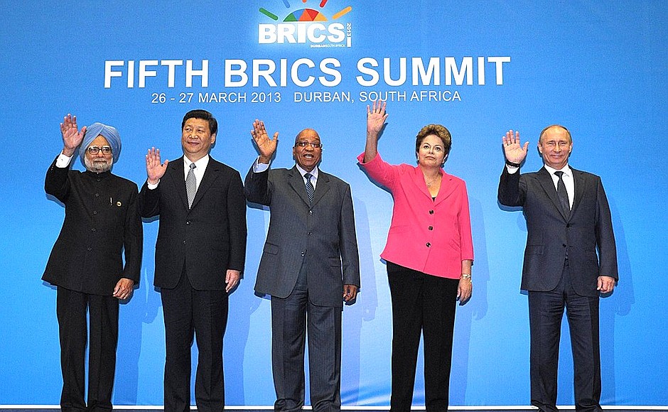 BRICS summit participants: Prime Minister of India Manmohan Singh, President of China Xi Jinping, President of South Africa Jacob Zuma, President of Brazil Dilma Rousseff, and Vladimir Putin.