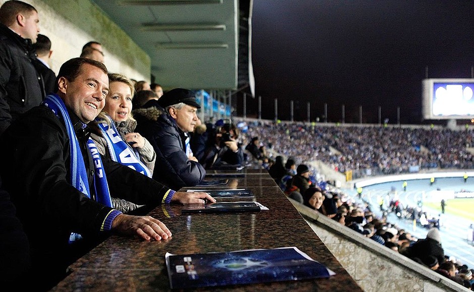 Dmitry and Svetlana Medvedev at the Zenit (St Petersburg) — Shakhtar (Donetsk) football match.