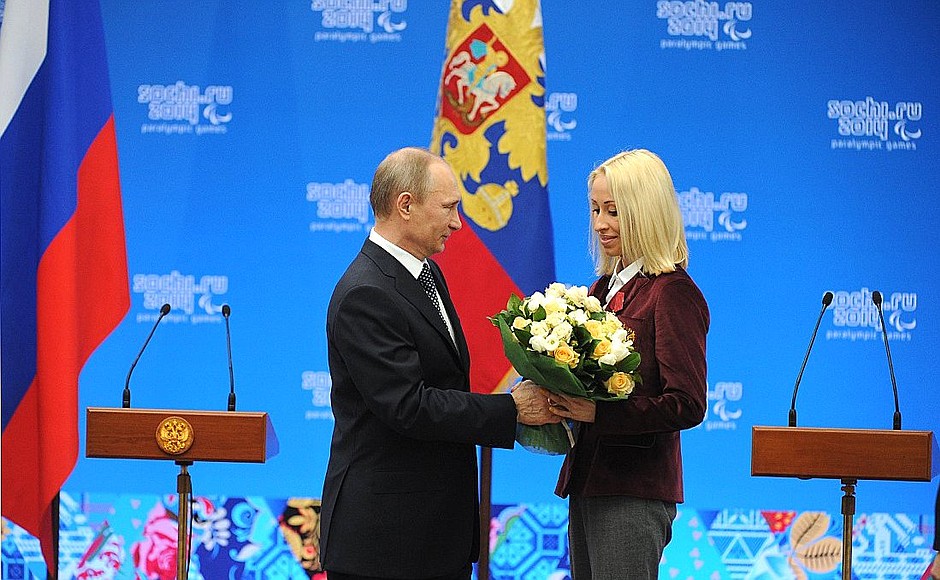 Meeting with XI Winter Paralympics medallists. Mikhalina Lysova, who won three gold medals and three silver medals in biathlon and cross-country skiing, was awarded the Order for Services to the Fatherland IV degree.