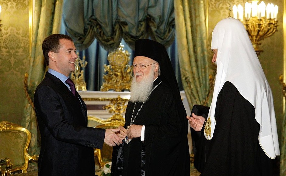 With Ecumenical Patriarch Bartholomew I of Constantinople and Patriarch Kirill of Moscow and All Russia.