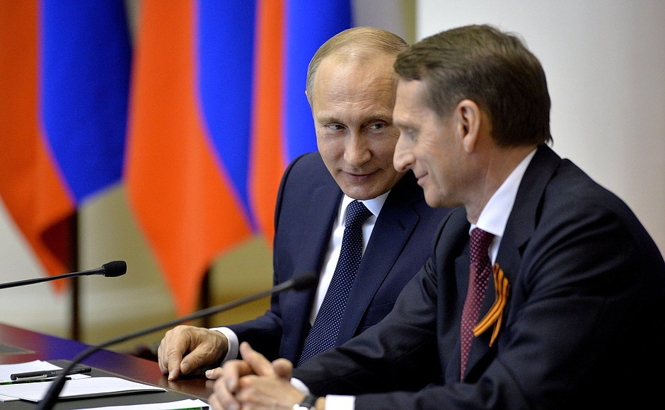 At a meeting with members of the Council of Legislators. With Speaker of the State Duma Sergei Naryshkin.
