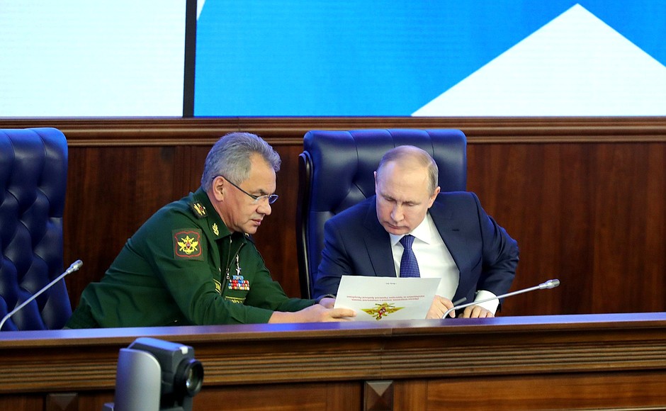 During a military-practical conference on the outcome of the special operation in Syria. With Defence Minister Sergei Shoigu.