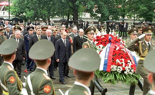 President Vladimir Putin at a wreath-laying ceremony at the Tomb of the Unknown Soldier near the Kremlin wall.