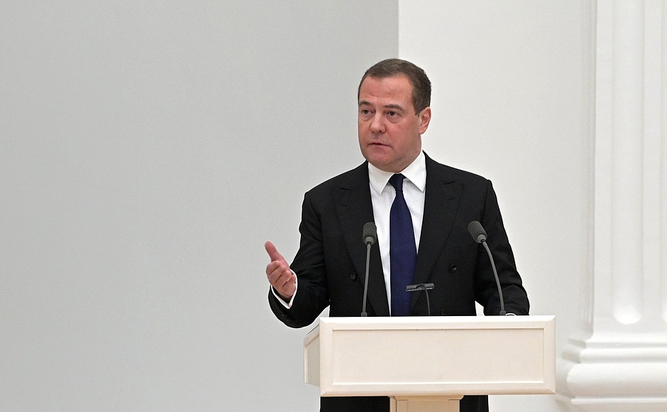 Deputy Chairman of the Security Council Dmitry Medvedev at the Security Council meeting.
