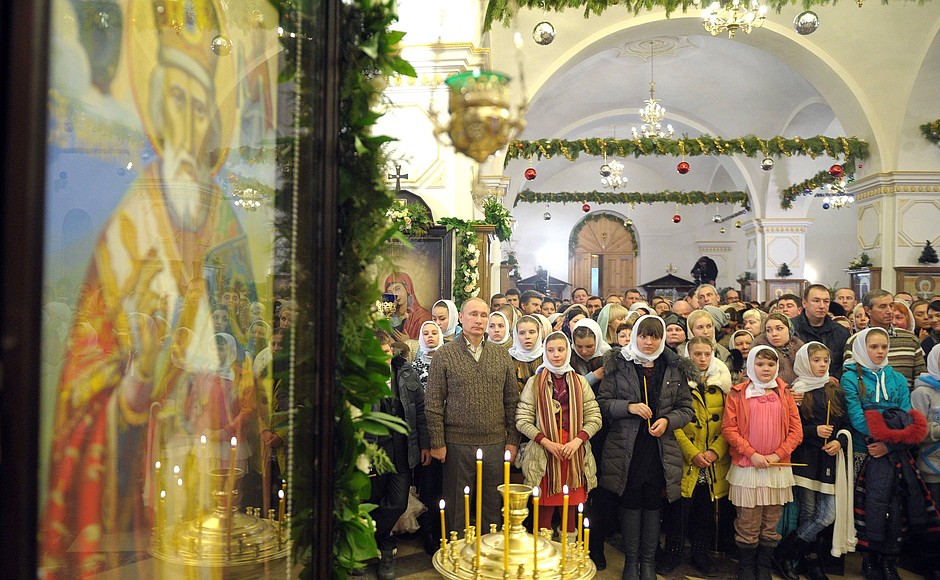 At Christmas mass at the Church of the Intercession of the Holy Virgin in the village of Otradnoye on the outskirts of Voronezh.