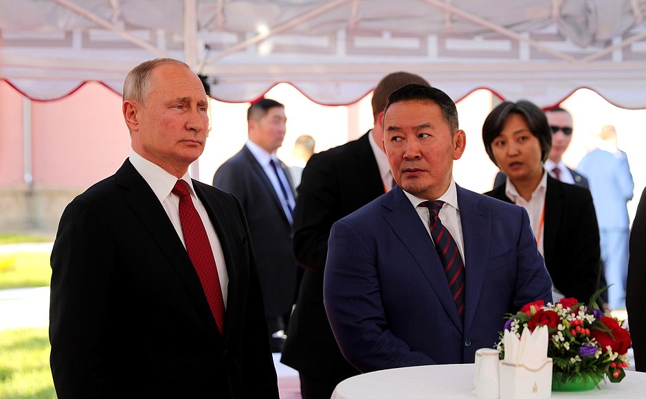 During celebrations marking the 80th anniversary of the victory in the Battle of Khalkhin Gol. With President of Mongolia Khaltmaagiin Battulga.