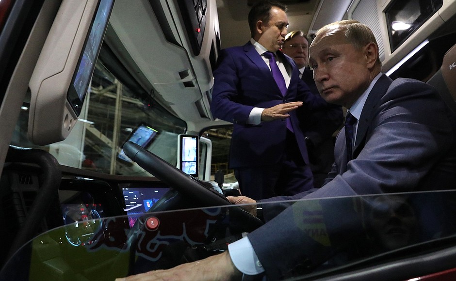 Vladimir Putin inspects the latest innovations at KAMAZ, including a prototype model of KAMAZ-2020 truck.