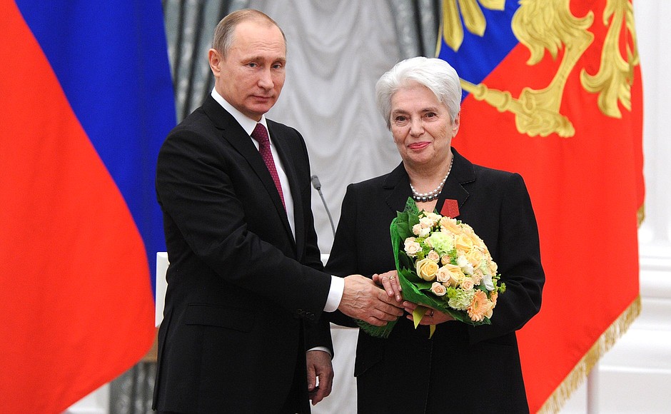 Presentation of state decorations. Natalia Solzhenitsyna, president of the Alexander Solzhenitsyn Russian Charitable Foundation, is awarded the Order for Services to the Fatherland, IV degree.