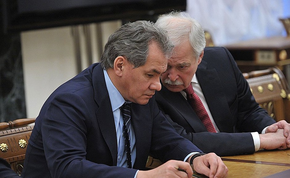 Defence Minister Sergei Shoigu and permanent member of the Security Council Boris Gryzlov before the meeting with permanent members of the Security Council.