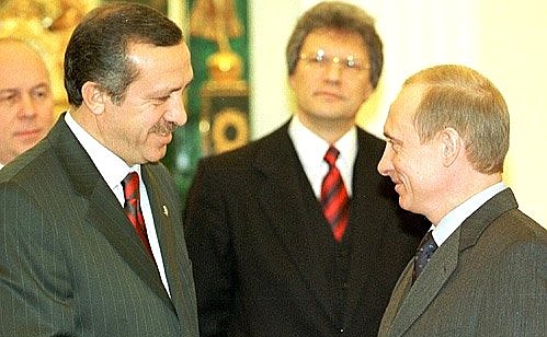 President Putin meeting with Recep Tayyip Erdogan, the leader of Turkey\'s Justice and Development Party.