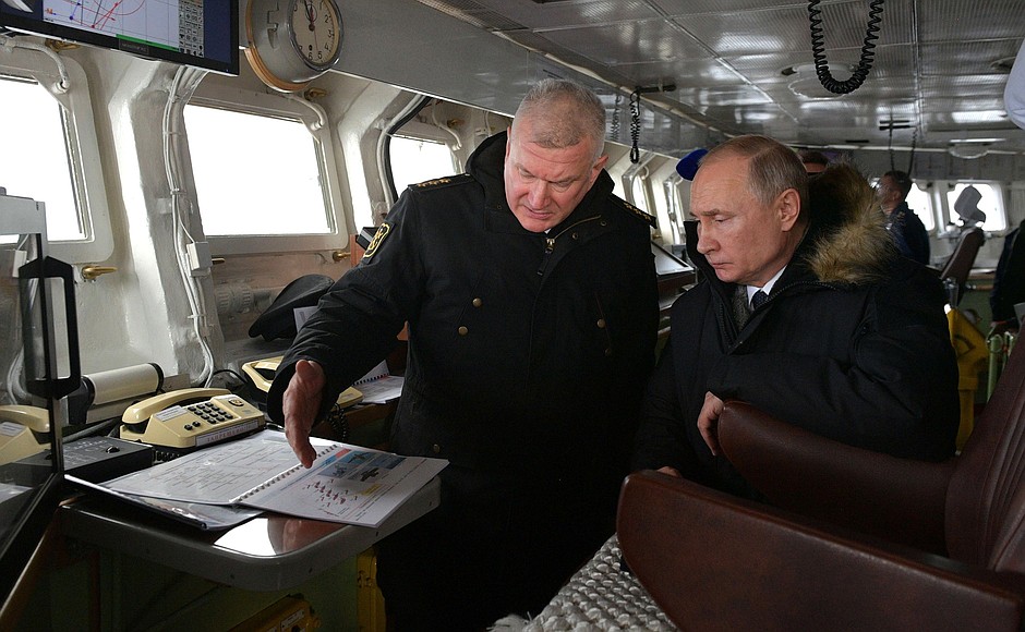 Aboard the guided missile cruiser Marshal Ustinov during the joint exercises of the Northern and Black Sea fleets. With Commander-in-Chief of the Navy Nikolai Yevmenov.