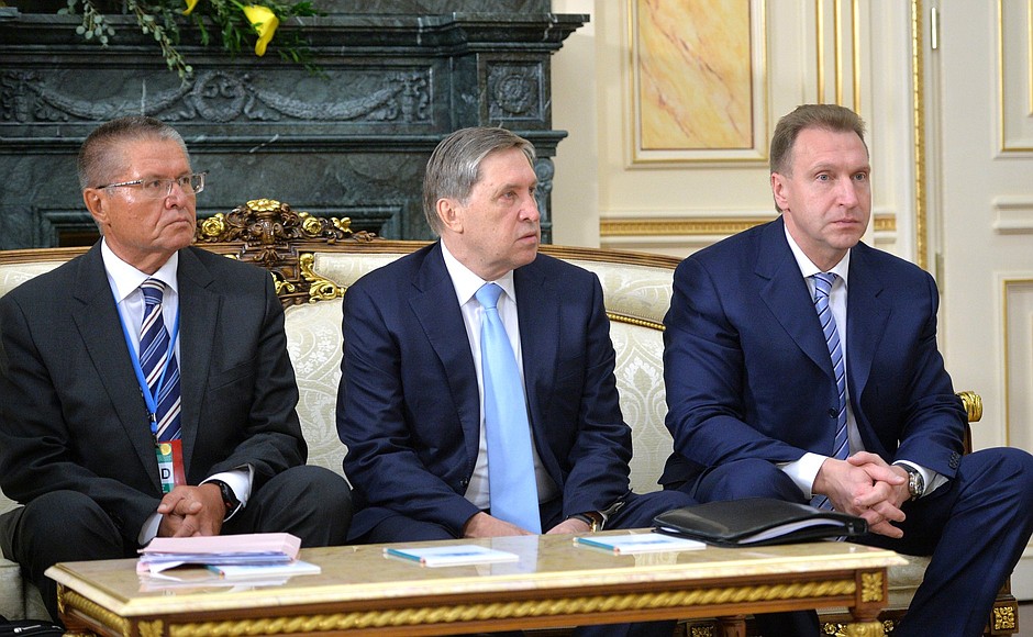 Left to right: Economic Development Minister Alexei Ulyukayev, Presidential Aide Yury Ushakov and First Deputy Prime Minister Igor Shuvalov at the meeting with President of Kazakhstan Nursultan Nazarbayev.