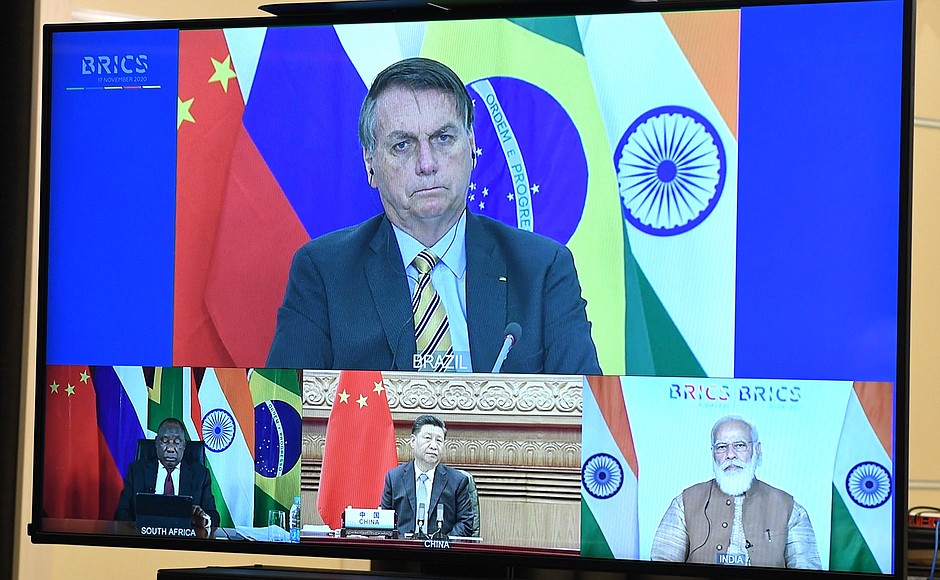 The BRICS heads of state and government attending the summit: President of Brazil Jair Bolsonaro, Prime Minister of India Narendra Modi, President of China Xi Jinping and President of South Africa Cyril Ramaphosa.