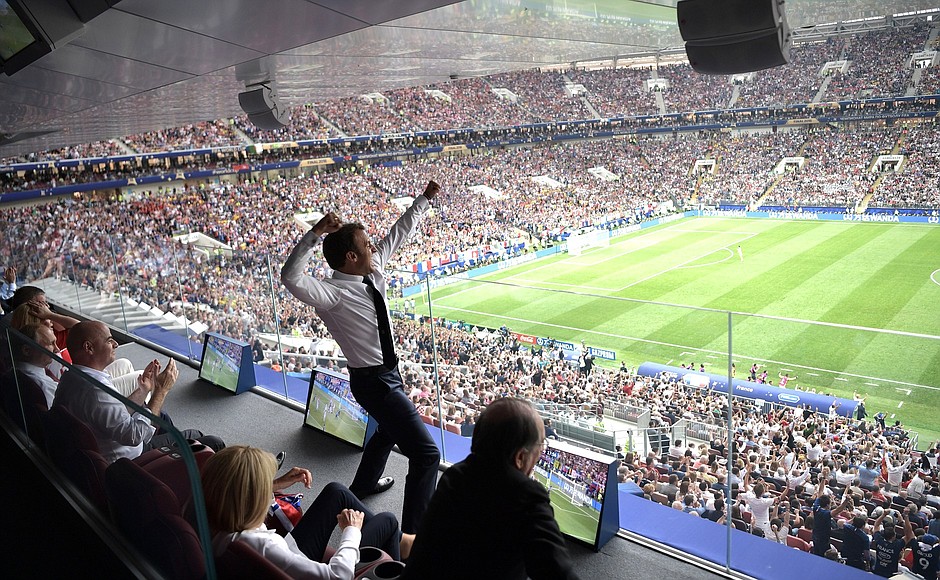 President of France Emmanuel Macron at the final match of the 2018 FIFA World Cup.