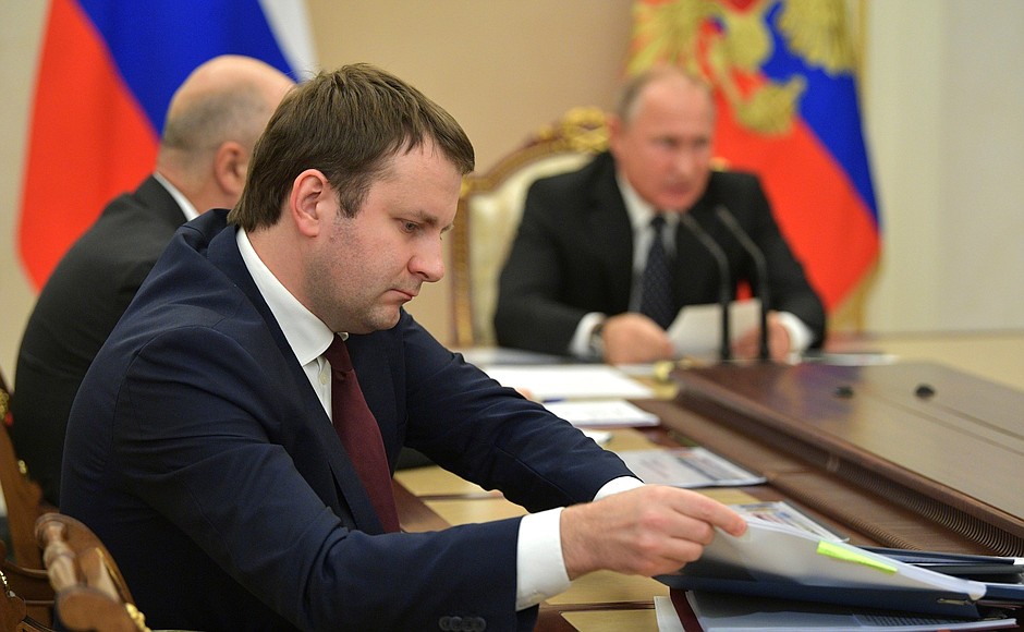 Economic Development Minister Maxim Oreshkin at a meeting on economic issues.
