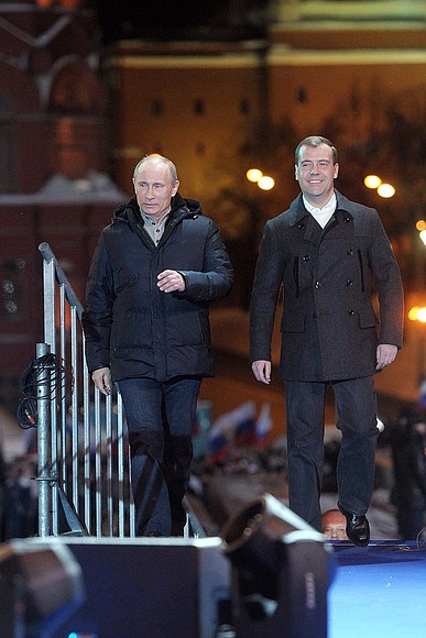 Dmitry Medvedev and Vladimir Putin at a meeting on Moscow’s Manezh Square.