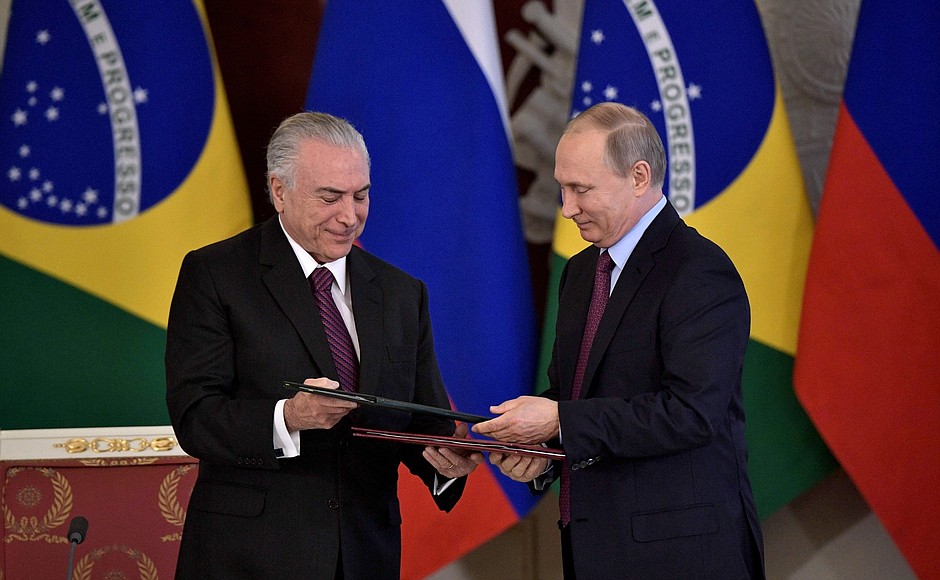 По итогам российско-бразильских переговоров подписан ряд двусторонних документов. С Президентом Бразилии Мишелом Темером.