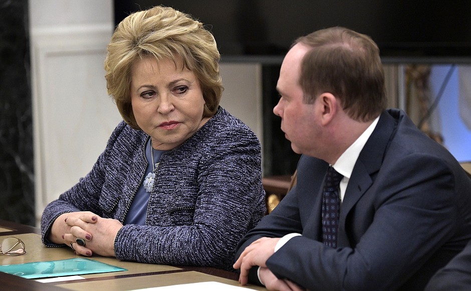 Federation Council Speaker Valentina Matviyenko and Chief of Staff of the Presidential Executive Office Anton Vaino before the meeting with permanent members of the Security Council.
