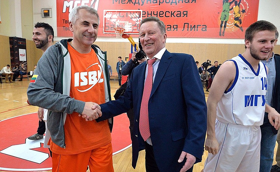 Chief of Staff of the Presidential Executive Office Sergei Ivanov participates in a match between student basketball clubs as the main coach for one of the teams: the International Student Basketball League (ISBL) team.
